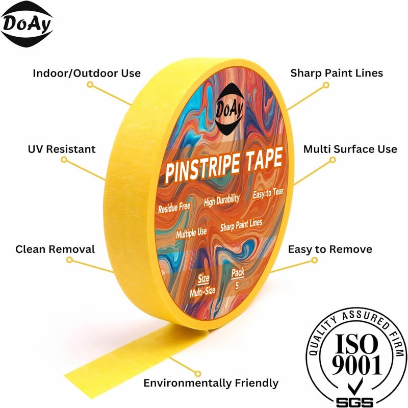 DOAY 5 Rolls Pinstripe Tape - Masking Tape 1/16", 1/8", 1/4", 1/2", 3/4" - Thin Painters Masking Automotive Tape for DIY, Car, Auto, Paint, Art, Tumblers (Yellow) - Image 2